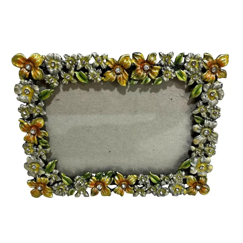 Romantic floral enamel photo picture frame yellow orange green & rhinestones